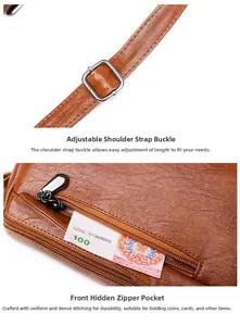Detail of brown PU leather crossbody bag featuring adjustable strap and hidden zip pocket