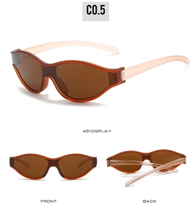 Three perspectives of oval cycling sunglasses in transparent tea color and light pink arms