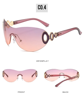 Detailed views of Y2K shield sunglasses with purple gradient lenses and gold metal temples