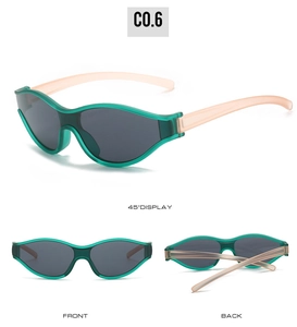 Detailed views of sport sunglasses with green frames, pink temples and dark grey lenses