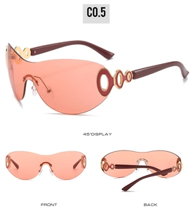 Three-angle views of Y2K shield sunglasses with pink lenses and gold ring detail