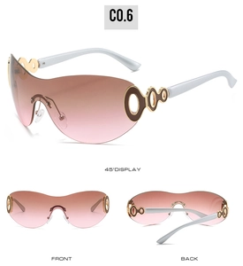 Three-way view of Y2K shield sunglasses with tea-pink gradient lenses and white temples