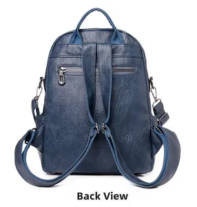 Detail view of the soft blue faux leather backpack back with a hidden zipper pocket
