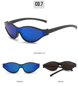 Three-way view of athletic cycling sunglasses with reflective blue mirrored lenses