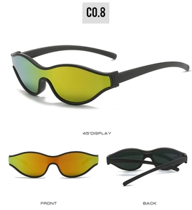 Three-angle views of futuristic cycling sunglasses with orange mirrored lenses