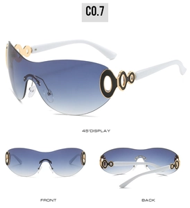 Detailed three-view of Y2K shield sunglasses with blue gradient lenses and white temples