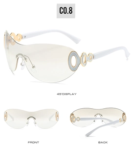 Three-angle view of white Y2K shield sunglasses featuring decorative golden side circles
