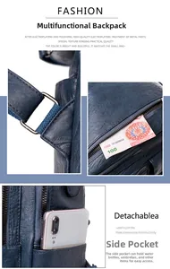 Detailed views of blue pebbled leather backpack showing metal hardware and side pockets