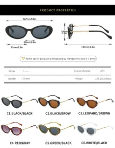 Detailed size chart and specifications for vintage oval cat-eye sunglasses with chain detail