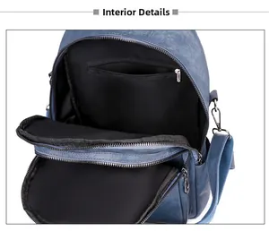 Internal view of blue PU leather backpack with multi-layer storage and zipper pocket