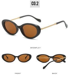 Front, back, and 45-degree angle views of oval sunglasses with gold chain temples