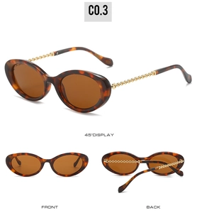 Detail view of tortoiseshell oval sunglasses with decorative gold chain metal temples