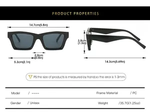 Detailed sizing chart and dimensions for unisex square frame sunglasses with PC lens