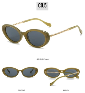 Three-angle view of oval sunglasses with olive green frame and golden chain temples