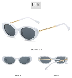 Three-view display of oval sunglasses with stylish gold chain temples and white frames