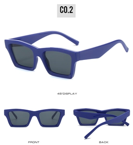 Detailed views of navy blue square cat-eye sunglasses with gray polarized lenses