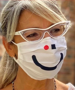 Adult white earloop face mask with minimalist smiling face pattern and elastic straps
