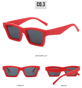 Multiple views of oversized red square sunglasses with dark lenses from different angles