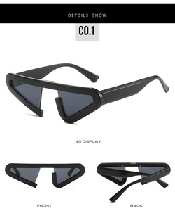 Detaillierte Ansichten der schwarzen Y2K-Sonnenbrille mit Front-, Rück- und 45-Grad-Winkeln