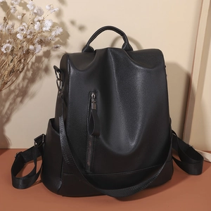 Minimalist black PU leather backpack for women with vertical zipper and side pockets