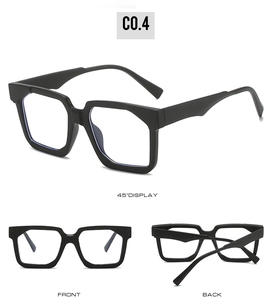 Drei-Ansichten-Layout der schwarzen quadratischen Retro-Sonnenbrille mit klaren Gläsern