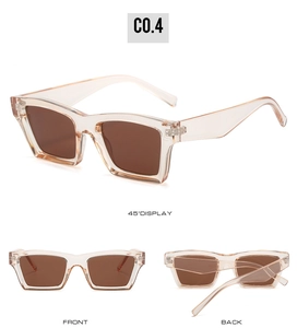 Detail view of champagne square sunglasses showing front and side angles in high quality