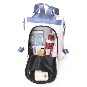 White PU leather anti-theft backpack for women with large capacity and blue straps
