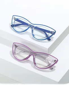 Macro detail of cat-eye TR glasses frames in blue and purple on minimalist white display