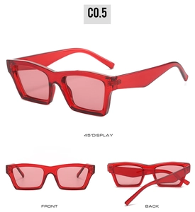 Three-angle view of red rectangular sunglasses showing front, back and side perspectives