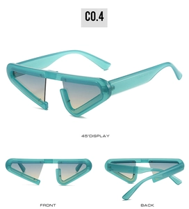 Detaillierte Mehrwinkelansicht der cyanfarbenen Y2K-Dreieckssonnenbrille mit Verlaufsgläsern