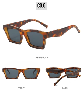 Three-angle views of tortoiseshell rectangle sunglasses with dark gray lenses