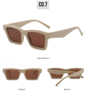 Three-angle display of beige square frame sunglasses with dark brown UV-protective lenses