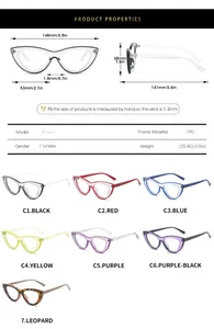 Detailed size chart for cat-eye PC glasses showing frame dimensions and weight details