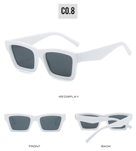 Three views showing white square frame sunglasses with dark grey lenses and hinge details