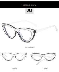 Three angles of cat-eye TR frame glasses with transparent base and black outlines