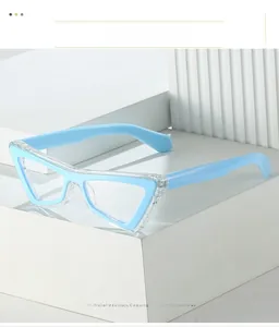 Detailed view of cat-eye blue light glasses with glitter texture on blue frames