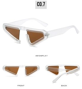Detaillierte Mehrwinkelansicht der Y2K Dreieck-Sonnenbrille mit klarem Rahmen und braunen Gläsern
