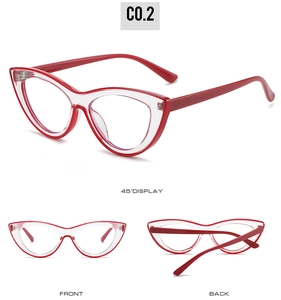 Cat-eye glasses frame with red and white two-tone design showing front back and 45 degree views