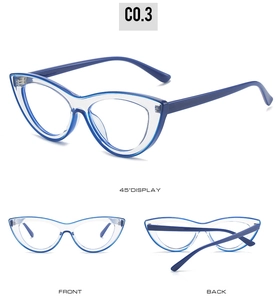 Detailed views of cat eye TR frames in transparent dark blue from front, back and side
