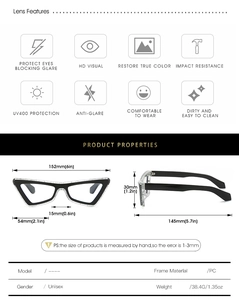 Detailed size specifications and lens features for cat eye blue light blocking glasses
