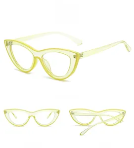 Detail view of cat-eye frames showing yellow translucent TR material and dimensions