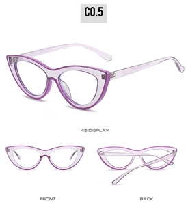 Detailed multi-angle view of transparent purple cat-eye TR90 frames from front, back and side