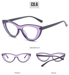 Three-angle display of cat-eye purple translucent frames with black temples detail