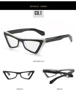 Detail view of cat eye blue light glasses with two-tone black and glitter frame