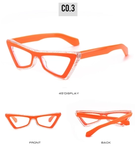 Multi-angle view of orange cat-eye blue light glasses with sparkling glitter accents