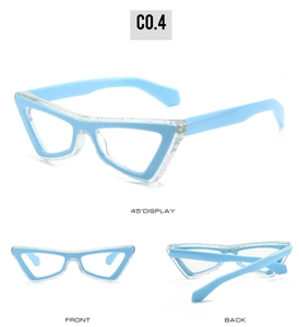 Detailed three-view display of blue cat-eye blue light blocking glasses with glitter frames