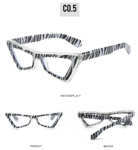 Detailed views of cat-eye anti-blue light glasses with zebra pattern and clear frames