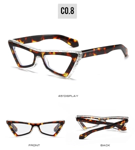 Three views of cat-eye anti-blue light glasses in leopard print and clear frames