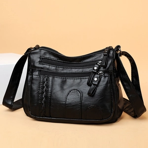 Minimalist black PU leather crossbody bag with multiple zip pockets and woven trim
