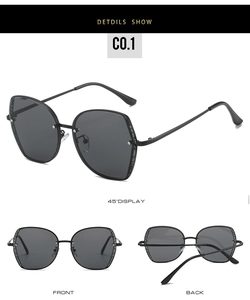 Detail view of hexagonal black metal sunglasses with multi-angle front and back perspectives